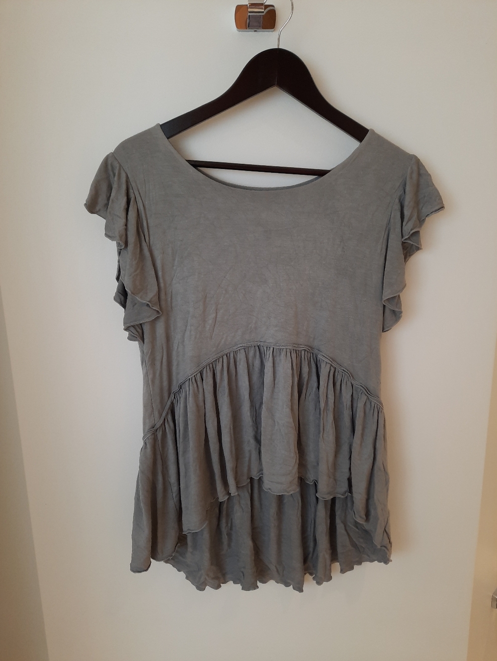 Effarrow Apparel Washed Gray Ruffle Sleeve Peplum Top
